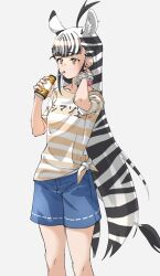 Rule 34 | 1girl, absurdres, ahoge, alternate costume, animal ear fluff, animal ears, black hair, blue shorts, blunt bangs, clothes writing, commentary, cowboy shot, drinking straw, drinking straw in mouth, extra ears, grey background, highres, kemono friends, long hair, looking away, multicolored hair, plains zebra (kemono friends), scrunchie, shirt, short sleeves, shorts, simple background, solo, striped clothes, striped shirt, t-shirt, tanabe (fueisei), tied shirt, two-tone hair, very long hair, white hair, wrist scrunchie, yellow eyes, zebra ears, zebra tail