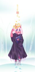 Rule 34 | 10s, 1girl, bandaged foot, bandages, black robe, blue eyes, blush, book, crown, darling in the franxx, fingernails, fiodo, hair between eyes, hand up, highres, holding, holding book, hood, hood down, hooded robe, horns, long hair, looking away, looking up, nail polish, open mouth, pink hair, red nails, red skirt, robe, skirt, solo, spoilers, standing, star (symbol), teeth, translated, upper teeth only, zero two (darling in the franxx)