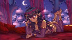 Rule 34 | 1girl, ahoge, middle eastern architecture, arabian clothes, ass, black hair, bridal gauntlets, crescent moon, dark-skinned female, dark skin, dome, elbow gloves, elf, feet up, gloves, harem pants, highres, legs up, long hair, lying, moon, night, night sky, on stomach, original, pants, pointy ears, purple eyes, purple gloves, ruby suguri, sky, solo, star (sky), starry moon, starry sky, the pose, virtual youtuber
