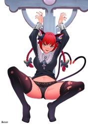 Rule 34 | 1girl, animal ear fluff, animal ears, arms up, artist name, black bow, black panties, black thighhighs, blush, bound, bound wrists, bow, bow panties, braid, cat ears, cat tail, cross, cross necklace, cuffs, fang, garter belt, garter straps, hair bow, handcuffs, highres, jewelry, kaenbyou rin, lingerie, long sleeves, looking at viewer, multiple tails, navel, necklace, open mouth, panties, partially visible vulva, recare, red eyes, red hair, restrained, sanpaku, simple background, slit pupils, smile, solo, spread legs, tail, thighhighs, torn clothes, torn thighhighs, touhou, twin braids, two tails, underwear, white background