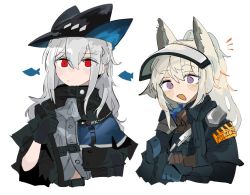 Rule 34 | 2girls, :d, animal ears, arknights, ascot, black gloves, black headwear, blue gloves, closed mouth, commentary, gloves, grani (arknights), grey ascot, hair between eyes, hat, holding strap, horse ears, jacket, long hair, multiple girls, odmised, open mouth, police, police uniform, ponytail, purple eyes, red eyes, shirt, silver hair, simple background, skadi (arknights), smile, uniform, upper body, visor lift, white background