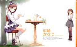 Rule 34 | 1girl, absurdres, black socks, blush, braid, brown eyes, brown hair, chair, character name, cup, dress, food, hairband, hat, highres, hirosaki kanade, holding, kantoku, kneehighs, looking at viewer, open mouth, pantyhose, pitcher (container), plant, single braid, sitting, socks, solo, star (symbol), table, white socks, your diary