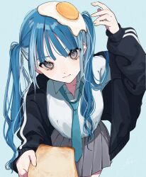 Rule 34 | aegyo sal, black jacket, blue background, blue eyebrows, blue hair, blue necktie, bread, bread slice, closed mouth, collared shirt, egg, fingernails, food, grey eyes, grey skirt, hand up, head tilt, highres, holding, holding food, jacket, blue background, long hair, long sleeves, looking at viewer, multicolored hair, necktie, open clothes, open jacket, original, pleated skirt, pov, shirt, sidelocks, simple background, skirt, solo, toast, twintails, two-tone hair, white shirt, wispy bangs, yoruse