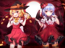 Rule 34 | &gt;:d, 2girls, :d, absurdres, bad id, bad twitter id, bat (animal), bat wings, blonde hair, blue hair, demon tail, dress, fang, flandre scarlet, frilled dress, frills, full moon, halloween, hanen (borry), hat, highres, laevatein, mini hat, mini top hat, moon, multiple girls, night, open mouth, papo, red eyes, remilia scarlet, short hair, smile, tail, top hat, touhou, tree, v-shaped eyebrows, wings, witch hat, wrist cuffs
