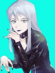 Rule 34 | 1girl, blue eyes, blue hair, breasts, closed mouth, collar, collarbone, devil summoner, lipstick, long hair, looking at viewer, makeup, medium breasts, nail polish, nemissa, np smt, pale skin, simple background, small breasts, smile, solo, soul hackers