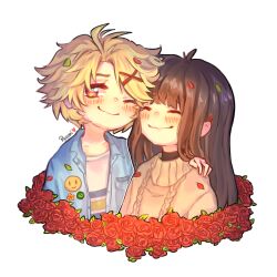 Rule 34 | 1boy, 1girl, ^ ^, artist name, badge, blonde hair, blue shirt, blush, brown hair, brown sweater, button badge, casual, closed eyes, closed mouth, collarbone, collared shirt, commentary, flower, hair ornament, hand on another&#039;s shoulder, heart, highres, looking to the side, one eye closed, open clothes, open shirt, orange eyes, pocket, print shirt, protagonist (susanghan messenger), red flower, red rose, rose, ryomidh, shirt, simple background, smile, smiley face, star (symbol), susanghan messenger, sweater, t-shirt, unbuttoned, unbuttoned shirt, upper body, white background, white shirt, x hair ornament, yoosung (susanghan messenger)