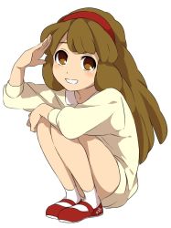 Rule 34 | 1girl, bare legs, blush, brown eyes, brown hair, full body, hairband, hugging own legs, inazuma eleven go chrono stone, long hair, long sleeves, looking at viewer, mary janes, nanobana kinako, red footwear, red hairband, salute, sekina, shoes, simple background, smile, socks, solo, squatting, sweater, white background, white socks, white sweater