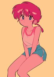 Rule 34 | 1girl, blue eyes, blush stickers, braid, braided ponytail, breasts, closed mouth, hair between eyes, hands between legs, highres, invisible chair, medium breasts, menma (enaic31), ranma-chan, ranma 1/2, red hair, simple background, sitting, small breasts, solo, yellow background