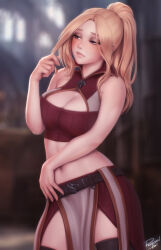 Rule 34 | 1girl, artist name, bare arms, bare shoulders, black thighhighs, blonde hair, blurry, blurry background, breasts, cleavage, cleavage cutout, clothing cutout, commentary, cowboy shot, depth of field, english commentary, highres, large breasts, long hair, looking away, midriff, navel, original, parted bangs, pelvic curtain, personal ami, ponytail, solo, thighhighs