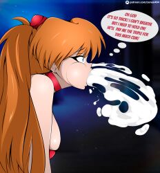 Rule 34 | absurdres, all fours, anal, armband, breasts, choker, comic, cum, cum in mouth, cum in nose, highres, large breasts, long hair, neon genesis evangelion, open mouth, red armband, red choker, souryuu asuka langley, striped clothes, vomiting cum, zonen404
