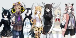Rule 34 | &gt;:), 6+girls, ahoge, alpaca ears, alpaca suri (kemono friends), animal ears, antelope ears, antelope horns, arm at side, arms at sides, bear ears, behind another, bike shorts, bike shorts under skirt, black hair, black legwear, blackbuck (kemono friends), blonde hair, bloomers, blouse, blue eyes, bodystocking, brown eyes, brown hair, cape, center frills, cheetah (kemono friends), cheetah ears, cheetah girl, cheetah print, cheetah tail, closed mouth, collared shirt, colored inner hair, detached hood, dress shirt, elbow gloves, extra ears, ezo brown bear (kemono friends), frills, fur bracelet, fur collar, fur scarf, gloves, grey background, grey hair, grey wolf (kemono friends), hair between eyes, hair bun, hair over one eye, hand in pocket, hand on own hip, hand up, headband, height difference, heterochromia, high collar, highres, hood, hood up, horizontal pupils, horns, impossible hair, jacket, kemono friends, king cobra (kemono friends), light smile, long hair, long sleeves, looking at viewer, microskirt, miniskirt, moose (kemono friends), moose ears, multicolored eyes, multicolored hair, multiple girls, neck ribbon, necktie, orange eyes, pantyhose, plaid, plaid necktie, plaid skirt, pleated skirt, pocket, print gloves, print legwear, print necktie, print skirt, red eyes, ribbon, scarf, shirt, shorts, side-by-side, sidelocks, simple background, single hair bun, skirt, slit pupils, smile, snake tail, sweater, sweater vest, swept bangs, tail, tan, thighhighs, torn clothes, torn sleeves, twintails, two-tone hair, underwear, v-shaped eyebrows, very long hair, white hair, white shirt, wing collar, wolf ears, wolf girl, wolf tail, yappa muri, zettai ryouiki