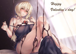 Rule 34 | 1girl, alternate breast size, artoria pendragon (all), artoria pendragon (fate), black negligee, breasts, chocolate syrup, cleavage, commentary, curtains, english commentary, fate/apocrypha, fate/grand order, fate (series), hirasawa seiji, large breasts, official alternate costume, on bed, panties, pants around one leg, saber alter, saber alter (ver. shinjuku 1999) (fate), short hair, silver hair, solo, tsurime, underwear, valentine, white panties, window, yellow eyes