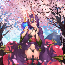 Rule 34 | 1girl, breasts, cherry blossoms, day, depth charge, fate/grand order, fate (series), fingernails, gourd, grin, hair ornament, hand to own mouth, highres, horns, japanese clothes, kimono, long fingernails, looking at viewer, medium breasts, naidong (artist), nail polish, navel, off shoulder, open clothes, open kimono, outdoors, petals, pink eyes, purple hair, revealing clothes, short hair, short kimono, shuten douji (fate), skin-covered horns, smile, solo, thighhighs