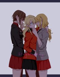 Rule 34 | 3girls, alternate hairstyle, arm around neck, arm around waist, black jacket, black neckwear, black skirt, blazer, blonde hair, blue eyes, brown hair, darjeeling (girls und panzer), dress shirt, english text, enseisong, epaulettes, from side, girl sandwich, girls und panzer, grey jacket, hair down, hand on another&#039;s chin, hand on own hip, highres, holding another&#039;s hair, jacket, kay (girls und panzer), kuromorimine military uniform, letterboxed, long hair, long sleeves, looking at viewer, military, military uniform, miniskirt, multiple girls, necktie, nishizumi maho, pleated skirt, red jacket, red shirt, red skirt, sandwiched, saunders school uniform, school uniform, shirt, short hair, skirt, sleeves rolled up, smelling, st. gloriana&#039;s military uniform, standing, uniform, white shirt, wing collar, yuri