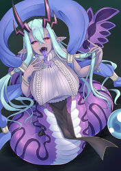 1girl aqua_hair bare_shoulders black_skirt blush breasts colored_skin dark-skinned_female dark_skin earrings eyeliner fate/grand_order fate_(series) fingernails grey_skin hair_between_eyes horns ibuki_douji_(fate) jewelry kirisaki_byakko lamia large_breasts long_hair long_tongue looking_at_viewer makeup monster_girl multicolored_hair nail_polish oni oni_horns open_mouth pelvic_curtain pink_hair pointy_ears red_eyes ribbed_sweater sharp_fingernails sidelocks skirt sleeveless sleeveless_sweater smile snake_tail solo sweater tail tongue turtleneck turtleneck_sweater