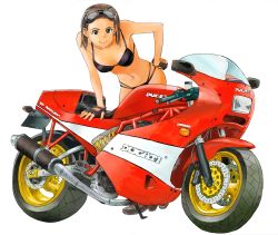 Rule 34 | 1girl, absurdres, bare shoulders, bikini, black bikini, breasts, cleavage, ducati, earrings, engine, exhaust, fingerless gloves, gloves, goggles, goggles on head, hand on own hip, high heels, highres, isomoto tsuyoshi, jewelry, leaning forward, looking at viewer, motor vehicle, motorcycle, original, shoes, simple background, smile, solo, swimsuit, vehicle, white background