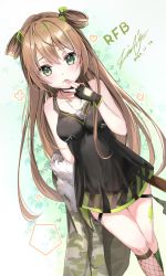 Rule 34 | 1girl, asymmetrical legwear, bare shoulders, black dress, black gloves, bow, breasts, brown hair, camouflage, camouflage jacket, character name, closed mouth, commentary, dated, dress, dutch angle, fingerless gloves, fishnet legwear, fishnets, fur-trimmed jacket, fur trim, girls&#039; frontline, gloves, green bow, green eyes, green legwear, hair between eyes, hair bow, hair rings, hand up, heart, highres, jacket, long hair, medium breasts, mismatched legwear, pleated dress, rfb (girls&#039; frontline), signature, sleeveless, sleeveless dress, socks, solo, striped clothes, striped legwear, striped socks, teratsuki, vertical-striped clothes, vertical-striped legwear, vertical-striped socks, very long hair