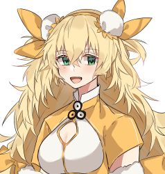Rule 34 | 1girl, aogisa, bad id, bad pixiv id, blonde hair, blush, breasts, chinese clothes, cleavage, cleavage cutout, clothing cutout, double bun, girls&#039; frontline, green eyes, hair between eyes, hair ornament, hair ribbon, highres, long hair, looking at viewer, medium breasts, open mouth, ribbon, s.a.t.8 (girls&#039; frontline), smile, solo, white background