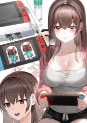 Rule 34 | 1girl, animal crossing, black shorts, blush, breasts, brown eyes, brown hair, camisole, cardboard, cleavage, collarbone, crying, dolphin shorts, empty eyes, female focus, frown, glue stick, hair between eyes, highres, jacket, kfr, large breasts, long hair, long sleeves, multiple views, nintendo, nintendo switch, open mouth, original, paper, pink jacket, raccoon, scissors, shirt, short shorts, shorts, sitting, smile, timmy (animal crossing), tommy (animal crossing), white camisole