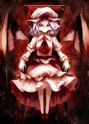 Rule 34 | 1girl, ascot, bad id, bad pixiv id, bat wings, brooch, chain, chair, dress, fami (yellow skies), hat, jewelry, looking at viewer, mob cap, pink dress, puffy sleeves, red eyes, red skirt, remilia scarlet, sash, short sleeves, silver hair, sitting, skirt, solo, touhou, wings, wrist cuffs