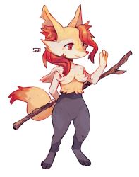 Rule 34 | alternate hairstyle, animal ear fluff, braixen, closed mouth, creatures (company), fewer digits, full body, furry, game freak, gen 6 pokemon, hand up, highres, holding, holding stick, nintendo, pokemon, pokemon (creature), signature, simple background, smile, solo, standing, stick, sui (suizilla), white background