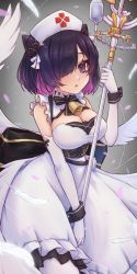 Rule 34 | 1girl, azur lane, back bow, bell, black wrist cuffs, bow, breasts, cleavage, cone hair bun, dress, elbow gloves, feathered wings, gloves, hair bun, hair over one eye, hat, highres, jervis (azur lane), large breasts, neck bell, nurse cap, purple eyes, purple hair, short hair, sleeveless, sleeveless dress, solo, waa! okami, white dress, white gloves, white wings, wings, wrist cuffs