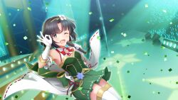 1girl ;d black_hair bow confetti elbow_gloves flower game_cg gloves green_hairband green_shirt green_skirt grey_eyes hair_flower hair_ornament hairband hand_up holding holding_microphone idol_clothes looking_at_viewer microphone musumi_kiyoka official_art ok_sign one_eye_closed open_mouth overskirt parted_bangs shirt short_hair skirt smile solo stage stage_lights thighhighs toji_no_miko toji_no_miko:_kizamishi_issen_no_tomoshibi white_gloves white_skirt white_thighhighs zettai_ryouiki