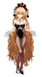 Rule 34 | 1girl, absurdres, black footwear, black leotard, breasts, bunny day, cleavage, closed mouth, commentary, detached collar, full body, gloves, headdress, high heels, highres, junko (touhou), kikoka (mizuumi), large breasts, leotard, long hair, looking at viewer, pantyhose, red eyes, simple background, smile, solo, standing, touhou, very long hair, white background, white gloves