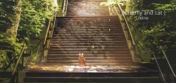 Rule 34 | absurdres, animal, artist name, brown cat, bug, butterfly, cat, commentary request, dappled sunlight, foliage, highres, bug, lifeline (a384079959), no humans, original, outdoors, railing, scenery, stairs, sunlight, tree