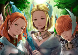 Rule 34 | 1boy, 2girls, a-ruhn-senna, blonde hair, brother and sister, commentary request, feather hair ornament, feathers, final fantasy, final fantasy xiv, flower, forest, freckles, green eyes, feather hair ornament, hair flower, hair ornament, hair over eyes, head tilt, horns, jewelry, kan-e-senna, light smile, looking at viewer, multiple girls, nature, necklace, orange hair, outdoors, padjal, pomeroxu, raya-o-senna, short hair, siblings, sisters, tree, twintails