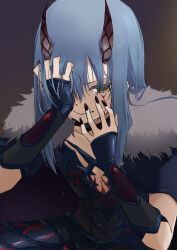 Rule 34 | 1other, absurdres, black nails, blue hair, crying, crying with eyes open, hair between eyes, hand on own face, highres, horns, rimuru tempest, sakunotoon, simple background, tears, tensei shitara slime datta ken, yellow eyes