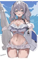 Rule 34 | 1girl, bag, beach umbrella, bikini, blue eyes, blue sky, blush, breasts, cleavage, cropped legs, day, frilled bikini, frills, grey hair, hair between eyes, highres, holding, holding umbrella, kantai collection, kashima (kancolle), large breasts, long hair, looking at viewer, one-hour drawing challenge, open mouth, picoli1313, sky, solo, swimsuit, twintails, twitter username, umbrella, wet