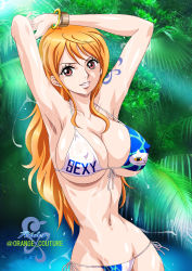 Rule 34 | 1girl, armpits, bathing, bikini, breasts, collarbone, covered erect nipples, hand up, highres, large breasts, long hair, looking at viewer, nami (one piece), one piece, orange eyes, orange hair, partially submerged, rider (orange couture), shoulder tattoo, sidelocks, solo, swimsuit, tagme, tattoo, water, wet