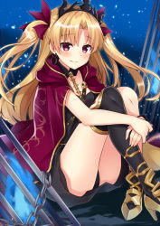 Rule 34 | 1girl, asymmetrical legwear, asymmetrical sleeves, black dress, black panties, black thighhighs, blue background, blue fire, blush, cage, cape, chain, closed mouth, commentary request, crossed ankles, dress, earrings, ereshkigal (fate), fate/grand order, fate (series), fire, hair ribbon, high heels, jewelry, knees up, komori kuzuyu, long hair, looking at viewer, panties, pantyshot, parted bangs, petals, purple cape, purple eyes, purple ribbon, ribbon, short dress, single thighhigh, sitting, skull, smile, solo, spine, straight hair, thighhighs, tiara, two side up, underwear, uneven legwear, uneven sleeves, very long hair