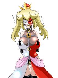 Rule 34 | 1girl, arms behind back, bdsm, blonde hair, bondage, bound, breasts, chain, commentary request, corset, crown, drooling, gag, keyhole, large breasts, lock, long hair, mario (series), mask, mouth mask, new super mario bros. u deluxe, nintendo, personification, phanto, restrained, solo, super crown, thighhighs, trembling, twintails, wabuki (ochigan)