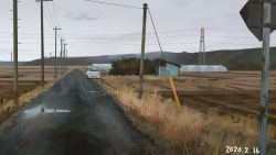 Rule 34 | car, commentary request, field, grass, mikado (winters), motor vehicle, mountainous horizon, no humans, original, outdoors, power lines, puddle, road, road sign, scenery, shed, sign, utility pole