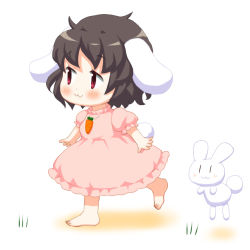 Rule 34 | 1girl, :3, animal ears, arms at sides, barefoot, bebeneko, black hair, blush stickers, carrot necklace, chibi, dress, inaba mob (touhou), inaba tewi, looking to the side, necklace, open hands, pink dress, puffy short sleeves, puffy sleeves, rabbit, rabbit ears, rabbit girl, rabbit tail, red eyes, short hair, short sleeves, simple background, smile, solo, tail, touhou, walking, white background, | |