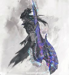 Rule 34 | 1boy, beard, bloodborne, closed mouth, crossover, facial hair, from side, guitar, hat, highres, hunter (bloodborne), instrument, long hair, male focus, monochrome, monster hunter (series), profile, purple theme, shimhaq, solo, standing, weapon, weapon on back