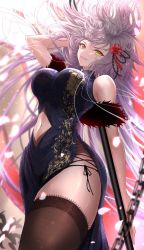 Rule 34 | 1girl, arm up, black thighhighs, breasts, chain, china dress, chinese clothes, dress, eyebrows hidden by hair, fate/grand order, fate (series), grey hair, highres, holding, holding weapon, jeanne d&#039;arc alter (avenger) (fate), jeanne d&#039;arc alter (fate), large breasts, long hair, looking at viewer, open mouth, penguintake, smile, solo, stomach, thighhighs, weapon, yellow eyes