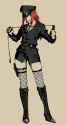 Rule 34 | 1girl, belt, black footwear, blazer, boots, breasts, cross-laced footwear, female focus, fishnet thighhighs, fishnets, full body, gloves, grey background, grey neckwear, gun, hat, hat over one eye, highres, holding, holster, jacket, kazari tayu, knee boots, long sleeves, looking at viewer, military, military uniform, naruto, naruto (series), necktie, peaked cap, police, police uniform, policewoman, red hair, sepia, simple background, small breasts, solo, standing, tayuya (naruto), thigh holster, thigh strap, thighhighs, uniform, weapon, whip