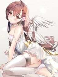 Rule 34 | 1girl, ahoge, arm support, ass, bare shoulders, bow, breasts, brown eyes, brown hair, cleavage, collarbone, commentary request, dress, earrings, feathered wings, glint, grey background, hair between eyes, hair ornament, hairclip, heart, highres, jewelry, long hair, looking at viewer, maruma (maruma gic), medium breasts, no shoes, original, parted lips, simple background, solo, strap slip, stud earrings, thighhighs, toeless legwear, very long hair, white dress, white thighhighs, white wings, wings, yellow bow