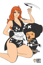 Rule 34 | 1boy, 1girl, alternate color, alternate costume, breasts, cleavage, japanese clothes, kimono, kunoichi, long hair, low ponytail, nami (one piece), nami (one piece) (wano), navel, ninja, official alternate costume, one piece, reindeer, short kimono, smile, tail, tattoo, tony tony chopper, very long hair, wide hips