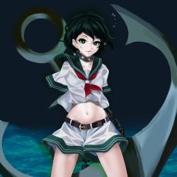 Rule 34 | absurdres, air bubble, anchor, belt, bubble, chain, closed mouth, commentary request, cowboy shot, green eyes, green hair, highres, inoshin (inixia1748), looking at viewer, midriff, murasa minamitsu, navel, neckerchief, no headwear, red neckerchief, sailor, sailor collar, short sleeves, shorts, solo, touhou, underwater