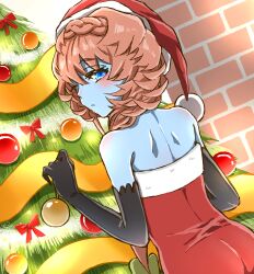 Rule 34 | 1girl, bare shoulders, black gloves, blue eyes, blue skin, blush, bow, braid, brick wall, christmas tree, colored skin, crown braid, decorating, dress, elbow gloves, fate/grand order, fate (series), from behind, gloves, hat, highres, long hair, looking back, ornament, red bow, santa dress, santa hat, shimogamo (shimomo 12), solo, van gogh (fate), van gogh (second ascension) (fate)