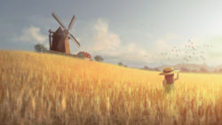 Rule 34 | 1girl, cloud, day, field, hat, highres, long hair, natsu (hottopeppa3390), original, outdoors, revision, scenery, solo, straw hat, wheat field, windmill