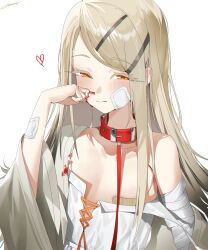 Rule 34 | 1girl, absurdres, bandaged arm, bandages, bandaid, bandaid on arm, bandaids on nipples, blood, blood on clothes, blush, camisole, collarbone, flat chest, gakuen idolmaster, gradient hair, grey hair, haine 1871, half-closed eyes, heart, highres, idolmaster, light brown hair, light smile, long hair, looking at viewer, multicolored hair, nosebleed, orange eyes, pasties, shinosawa hiro, signature, simple background, solo, strap slip, upper body, very long hair, white camisole, wide sleeves, wiping blood