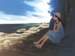 Rule 34 | 1girl, artist request, bare shoulders, beach, black hair, cloud, day, dress, hat, long hair, non-web source, ocean, outdoors, sandals, sitting, sky, solo, straw hat