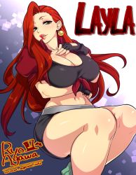 Rule 34 | 1girl, agawa ryou, artist name, borrowed character, breasts, character name, cleavage, earrings, female focus, gradient background, green eyes, jewelry, large breasts, long hair, looking at viewer, navel, original, red hair, short shorts, shorts, smile, solo, thighs, watermark, web address