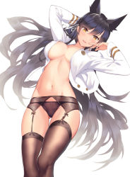 Rule 34 | 1girl, :d, absurdres, animal ears, arms up, atago (azur lane), azur lane, black hair, black panties, black thighhighs, blush, breasts, brown eyes, extra ears, garter belt, groin, hair ribbon, highres, jacket, large breasts, long hair, looking at viewer, military, military uniform, navel, ninsaki (9saki), no bra, no pants, open clothes, open jacket, open mouth, panties, ribbon, simple background, smile, solo, stomach, swept bangs, thighhighs, thighs, underwear, uniform, white background, white ribbon
