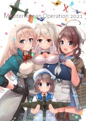 Rule 34 | 4girls, ahoge, aircraft, airplane, apron, black gloves, black hair, black legwear, blonde hair, blue eyes, blue skirt, braid, braided hair rings, breasts, brown eyes, brown hair, brown shawl, chougei (kancolle), cleavage, cleavage cutout, closed mouth, clothing cutout, conte di cavour (kancolle), conte di cavour nuovo (kancolle), double v, flag, flags of all nations, flower, gloves, grey hair, grin, hair between eyes, hair ornament, hair rings, hairband, hairclip, hat, highres, japanese clothes, k jie, kaiboukan no. 30 (kancolle), kantai collection, large breasts, long hair, long sleeves, multiple girls, neckerchief, open mouth, pleated skirt, red flower, red ribbon, red rose, ribbon, rose, sailor hat, shawl, short hair, simple background, skirt, smile, string of flags, thighhighs, tiara, twin braids, v, victorious (kancolle), waist apron, white apron, white background, white headwear, white neckerchief, x hair ornament